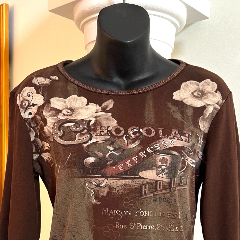 Vintage Retro Y2K Embellished Brown Knit Blue Canyon Clothing Top 3/4 Sleeves - Picture 5 of 9